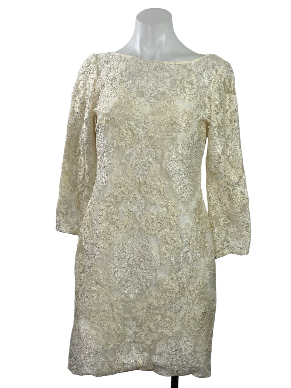 Aidan Mattox Women's Cream 3/4 Sleeves Floral Embroidered Lace Formal Dress Sz 6